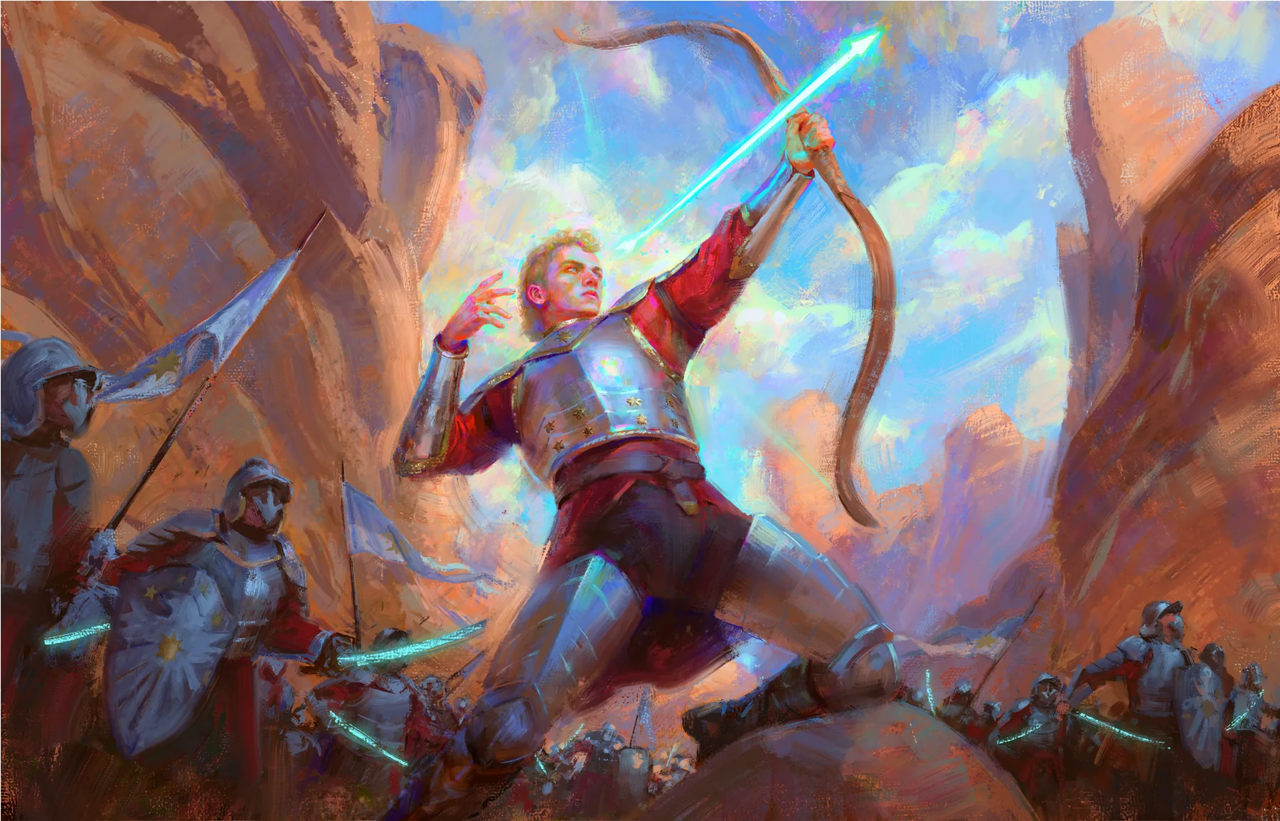 An archer loosing a crystal-charged arrow amid a canyon battle