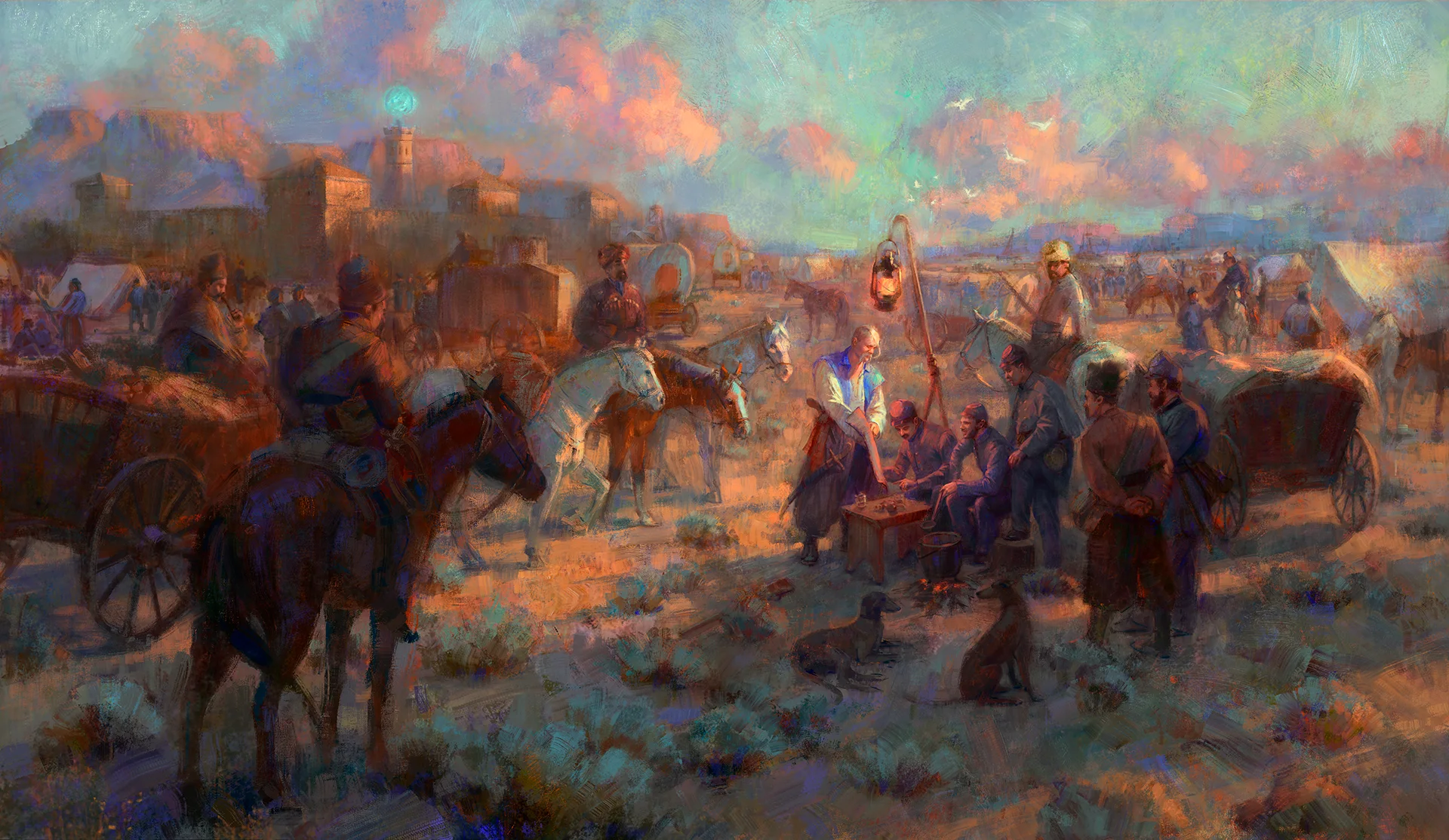 A wagon camp on the frontier at dusk