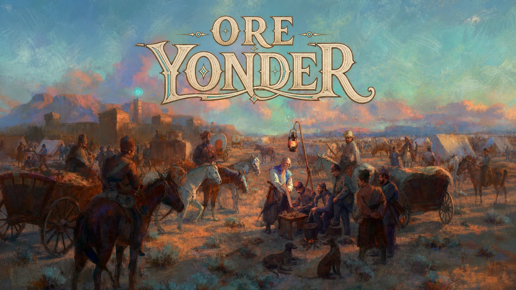 Ore Yonder key art: a wagon company camped on the frontier at dusk
