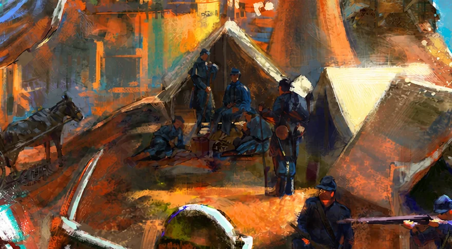 Company soldiers resting among tents