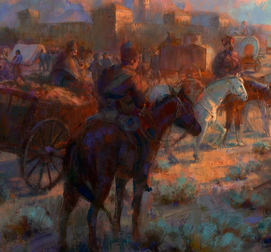 A loaded wagon and riders leaving a frontier town